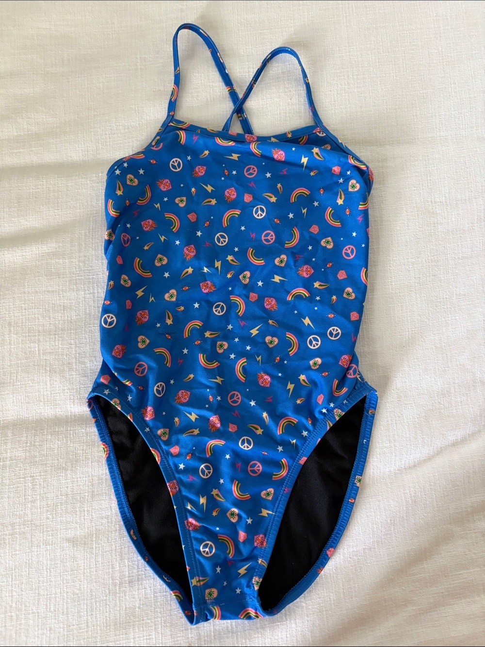 JOLYN Girls' Blue Rainbow & Peace Sign One-Piece Swimsuit size 26